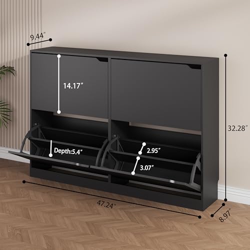 Black Hidden Shoe Storage Cabinet for Entryway with 4 Flip Drawers | Slim & Narrow Design Saves Space, Adjustable Shelves Fit Various Shoes, Ventilation Reduces Odors, Anti-Tip Safety - color: Black, size: Regular 4 Drawers