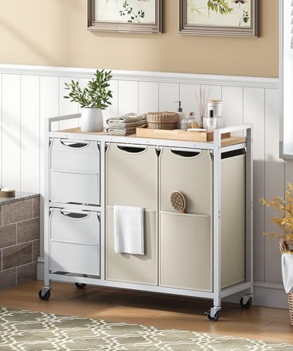HOOBRO Laundry Sorter with 4 Section, 34 Gal. (127 L) Laundry Hamper with Wheels, Rolling Laundry Basket with Shelves, Pull-Out Detachable Bags, Side Pockets, White, Natural and Beige WNE14XY01N1 - color: White + Natural + Beige