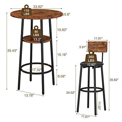 KIVENJAJA 3-Piece Bar Table Set for 2, Small 2-Tier Round Bistro Pub Dining Table & PU Upholstered Stools with Backrest, Counter Height Table and Chairs Set for Kitchen Small Space, Rustic Brown - color: Rustic Brown