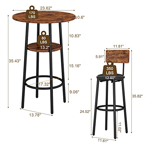 KIVENJAJA 3-Piece Bar Table Set for 2, Small 2-Tier Round Bistro Pub Dining Table & PU Upholstered Stools with Backrest, Counter Height Table and Chairs Set for Kitchen Small Space, Rustic Brown - color: Rustic Brown