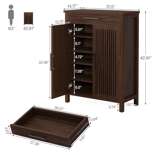 Tribesigns 5-Tier Shoe Storage Cabinet, Black Walnut | Louvered Doors and Drawer, Freestanding Wooden Shoe Rack, Adjustable Shelves, For Entryway, Hallway, Closet - color: Black Walnut