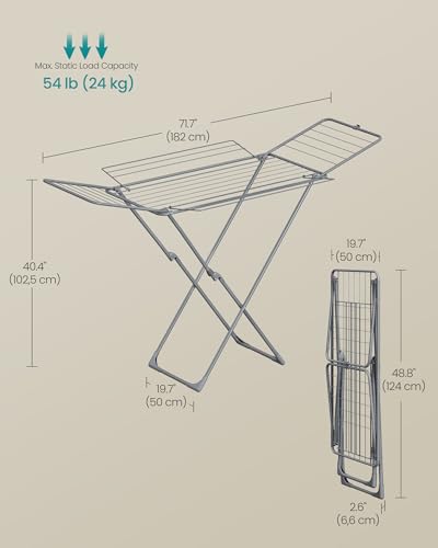 SONGMICS Clothes Drying Rack, Metal Laundry Drying Rack, Foldable, Space-Saving, Free-Standing Airer, with 4 Gullwings, Indoor Outdoor Use, Bed Linen Clothing, Gray ULLR541G01 - color: Gray, style: 4 Gullwings（31.7"D)