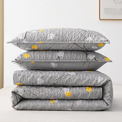DURLENGEN Quilt Set Queen Size 3Pcs,Grey Branch with Yellow Turquoise Polka Dot Pattern,Soft Microfiber Lightweight Bedspread for All Season Layering(Queen 90x96,Botanical Grey) - color: Botanical Grey, size: Queen(90" x 96")