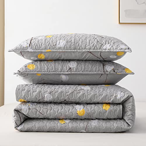 DURLENGEN Quilt Set King Size 3Pcs,Grey Branch with Yellow Turquoise Polka Dot Pattern,Soft Microfiber Lightweight Bedspread for All Season Layering(King 106x96,Botanical Grey) - color: Botanical Grey, size: King(106" x 96")