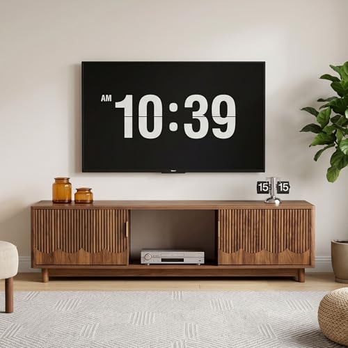 FurSch 62.2" Mid-Century Modern Fluted TV Stand, Walnut | Low Profile, 3D Slatted & Waved Design Panel, For Living Room Bedroom - color: Walnut