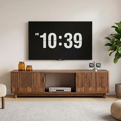 FurSch 62.2" Mid-Century Modern Fluted TV Stand, Walnut | Low Profile, 3D Slatted & Waved Design Panel, For Living Room Bedroom - color: Walnut