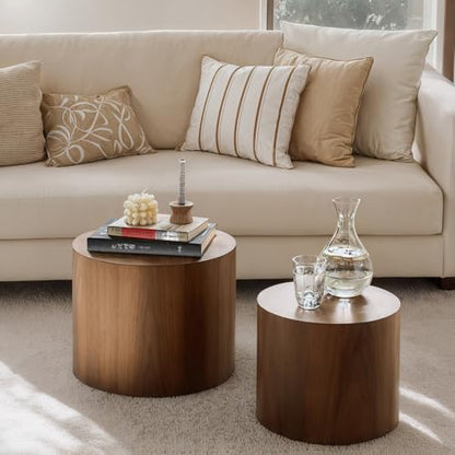 Nesting Coffee Table Set of 2, Modern Round Coffee Table with Non-Slip Feet, Walnut Wooden Circle Accent Tables for Small Spaces Living Room Bedroom Balcony Office Drum Side Table (Walnut) - color: Walnut