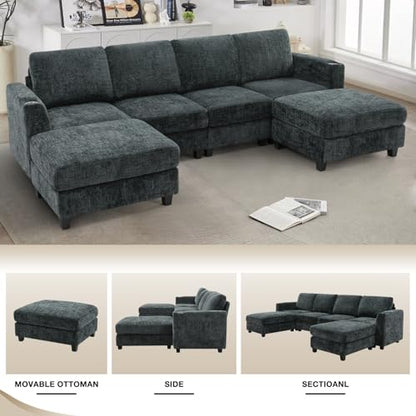 110" Convertible U-Shape Couch with 2 Flexible Ottomans, Grey | Soft Sectional Sofa with Durable Cup Holders, Chenille 4 Seater Sofa with Well-Filled Backrest for Living Room, House - color: Grey, size: 110" U-Shape