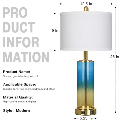 Ruzectt 26" Blue and Gold Glass Lamps Set of 2, 3-Way Dimmable Touch Coastal Bedroom Table Lamp with USB C+A Ports & AC Outlet, Elegant Brass Living Room Lamp, Nautical Bedside Lamps for Night Stands - color: Blue and Gold