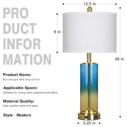 Ruzectt 26" Blue and Gold Glass Lamps Set of 2, 3-Way Dimmable Touch Coastal Bedroom Table Lamp with USB C+A Ports & AC Outlet, Elegant Brass Living Room Lamp, Nautical Bedside Lamps for Night Stands - color: Blue and Gold