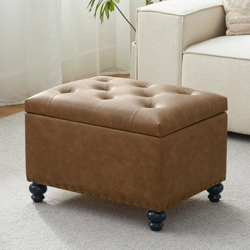 Zihanhome Leather Ottoman with Storage, Upholstered Button Tufted Ottoman Foot Rest, Foot Stools, 24" Rectangle Ottomans with Storage for Living Room, Bedroom, Dorms and Apartments (Caramel Brown-PU) - color: Caramel Brown-pu