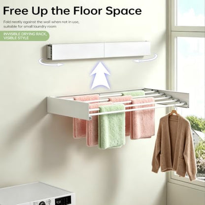 31.5-Inch Wall Mounted Foldable Clothes Drying Rack, White | Space-saving rack folds against the wall when not in use and includes a mounting template for indoor or balcony drying - color: White, W31.5''