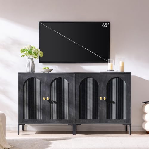 IFBUY 61.75" W Mid Century Modern TV Stands for Living Room, Dark Grey | Wood Entertainment Center w/Adjustable Shelves, Media Console w/Arched Fluted Doors, Entryway Cabinet Fits 65, 70, 75 Inch TV - color: Grey, size: 15.75"D x 61.75"W x 34"H
