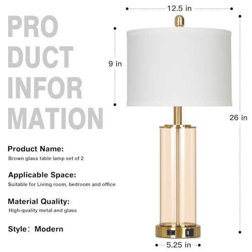 26" Modern Brown Glass Table Lamps Set of 2, Bedside Lamp with USB A+C Ports & AC Outlet, Living Room Lamps with 3-Way Dimmable Touch Control, Stylish Bedside Lamp for Bedroom Nightstand Dining Table - color: Brown