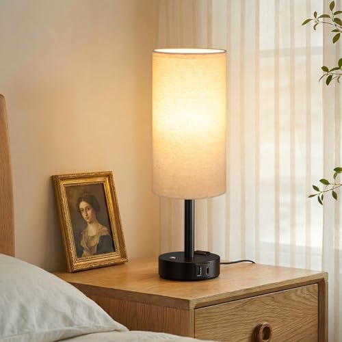 Beige Touch Bedside Lamp for Bedroom, Stepless Dimmable, USB A+C, AC Outlet | Base Touch Button Only, Memory Brightness, Ultra-dim Night Light, Included Bulb for Optimal Dimming, Beige Fabric Shade, Desk - color: Beige & Black