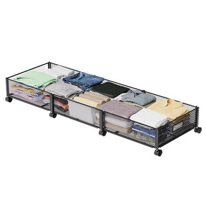 47.2'' Long Under Bed Storage on Wheels, 57.6L Large Capacity Rolling Under the Bed Storage Containers, Tool-Free Assembly Foldable Underbed Shoes Clothes Toy Drawers - size: 1 Pack (47.2×15.7")