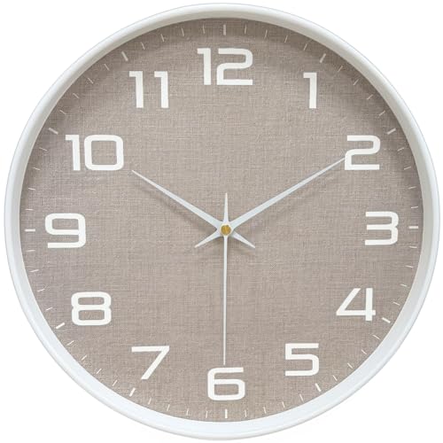 Silent Wall Clock with Large Numbers, 10 Inch Battery Operated Analog Clock with Tempered Glass Burlap Texture Non-Ticking Wall Clocks for Living Room Bedroom Kitchen Office Classroom,White - color: White Brown, size: 10 Inch