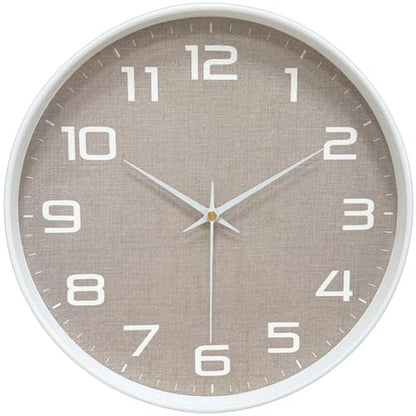 Silent Wall Clock with Large Numbers, 10 Inch Battery Operated Analog Clock with Tempered Glass Burlap Texture Non-Ticking Wall Clocks for Living Room Bedroom Kitchen Office Classroom,White - color: White Brown, size: 10 Inch