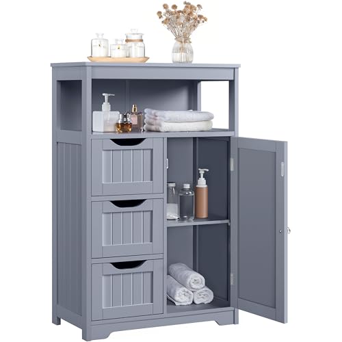 Yaheetech Small Freestanding Bathroom Storage Cabinet with 3 Drawers, Gray | Slim Floor Cabinet Organizer for Bathroom, Living Room or Entryway, Beadboard Fronts, an Open Cubby, Adjustable MDF Shelf - color: Grey, size: 12"D x 22"W x 34"H