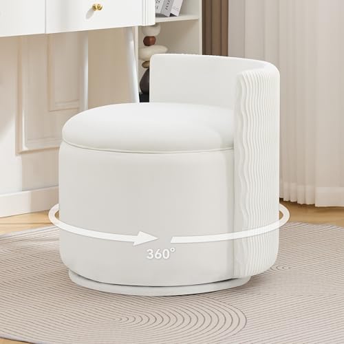 WUTUTUEE Large Velvet Vanity Chair with Storage, 360° Swivel Makeup Chair with Wave Back, No Assembly Small Accent Stool for Bedroom, Dressing, Living Room, White - color: White, size: Large
