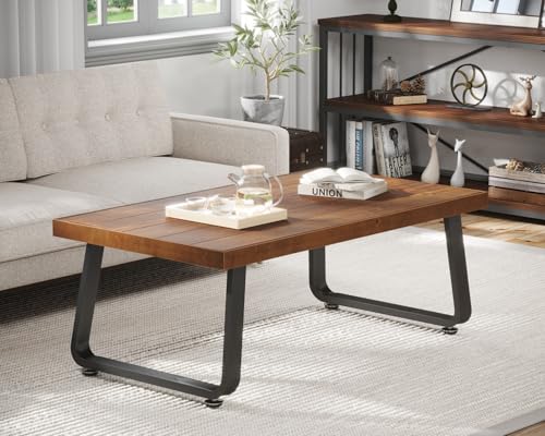 Natural Solid Wood Coffee Table, Rustic Center Tables for Living Room | Rectangle Metal and Real Wooden Tea Table, Modern Industrial Minimalist Wooden Cocktail Tables, Rustic Brown, 47 Inch - size: 47 inch