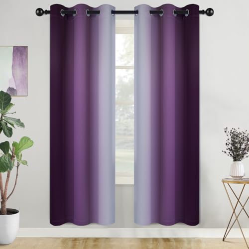 COSVIYA Grommet Room Darkening Ombre Purple Curtains W42xL72 inch | Purple and Greyish White Gradient Drapes, Light Blocking, Insulated Thermal Window Curtains for Bedroom/Living Room,2 Panels - color: Purple to Grayish White, size: 42"W x 72"L (Pack of 2