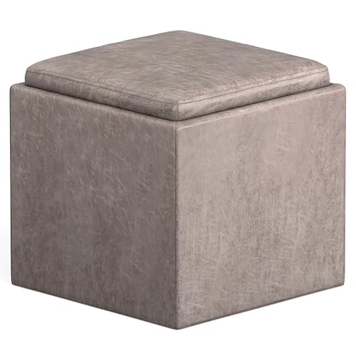 SIMPLIHOME Rockwood 17" Wide Linen Look Fabric Storage Ottoman in Brown | Distressed grey taupe, contemporary ottoman with flip-over tray top and hidden storage; cube storage bench for living room. - color: Distressed Grey