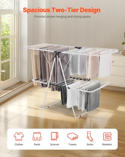 VEVOR Clothes Drying Rack, 2-Tier Foldable Laundry Dryer Rack with Sock Clips & 31 Dry Rods, Metal Height Adjustable Drying Racks for Outdoor & Indoor, Free-Standing & Space-Saving Hanger, White - size: 59"D x 23.6"W x 41.7"H