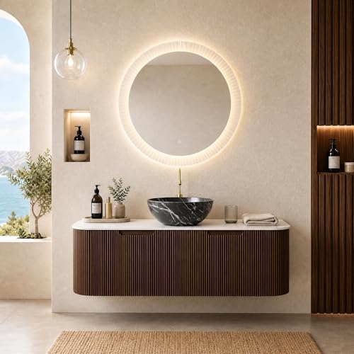 48” Floating Bathroom Vanity with Sink, Fluted Wall-Mounted Solid Wood Cabinet, Black Marble-Patterned Bowl Basin, Faux Marble Top, Soft-Close Drawer, Pre-Assembled, Walnut Woodgrain - color: 05 - Walnut Woodgrain, size: 48"