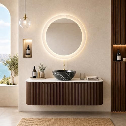 48” Floating Bathroom Vanity with Sink, Fluted Wall-Mounted Solid Wood Cabinet, Black Marble-Patterned Bowl Basin, Faux Marble Top, Soft-Close Drawer, Pre-Assembled, Walnut Woodgrain - color: 05 - Walnut Woodgrain, size: 48"