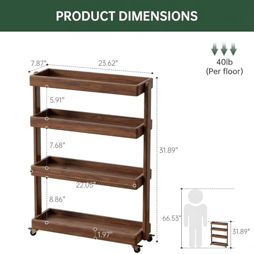 Small Narrow Side Table with Wheels, Skinny End Table for Small Spaces, 4 Tier Side Table for Living Room Bedroom(Walnut, 7.87" D x 23.62" W x 31.89" H) - color: Walnut, size: 7.87"D x 23.62"W