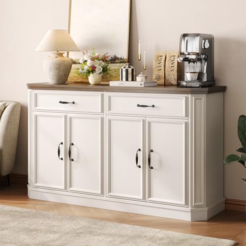 55" Sideboard Buffet Cabinet with 2 Storage Drawers & 4 Doors, Modern Kitchen Sideboards and Buffets with Adjustable Shelves, Wood Coffee Bar Cabinet for Living Room, Entryway, Off-White