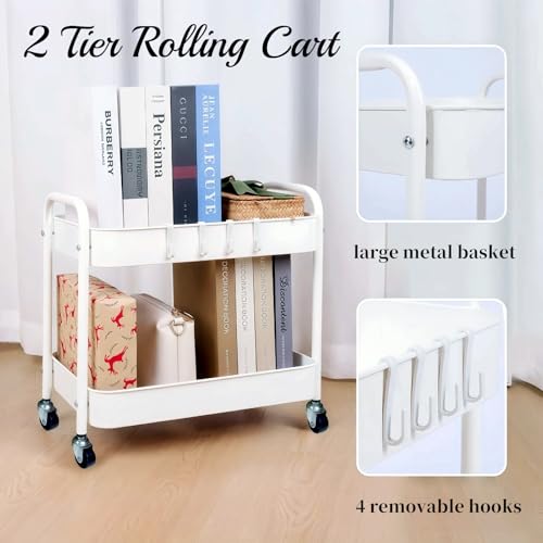 Under Desk Storage Cart 2 Tier Utility Rolling Cart with Wheels, Small Metal Mobile Trolley with Handle Two Tiered Utility Organizer Roller for Kitchen Office Bathroom Pantry Room, White - color: White