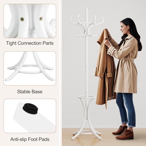 Giantex Solid Wood Coat Rack, Freestanding Hall Tree w/12 Hooks, Umbrella Holder, Entryway Hanger Stand for Coat, Hats, Scarves, Bags, Wooden Garment Rack for Bedroom, Hallway (White) - color: White