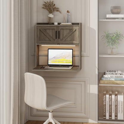 ARTETHYS Wall Mounted Desk Folding with Light Drop Down Hanging Desk,Gray | Multifunctional Fold Down Laptop Computer Table, Writing Workstation with Storage Compartments, Space Saving for Home - color: Grey
