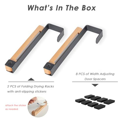 2 Pack Folding Clothes Drying Rack, Thickness Adjustable, Metal/Wooden, Portable, Lightweight, Heavy Duty, Over The Door Hooks for Laundry (Black) - color: Wood-black