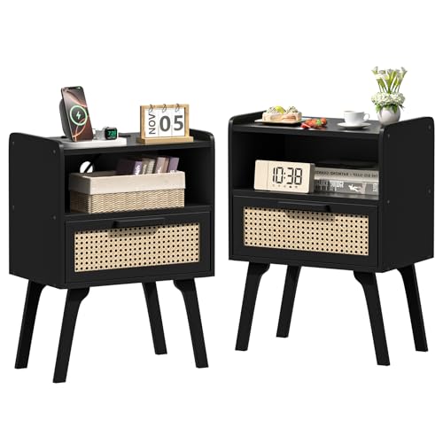 Lerliuo Rattan Nightstands Set of 2, Bedside Table with Drawer Open Shelf | Cane Accent Side End Table with Solid Wood Legs, Black Mid Century Night Stand for Bedroom, Dorm and Small Spaces - color: Black With Natural, size: 2 pack