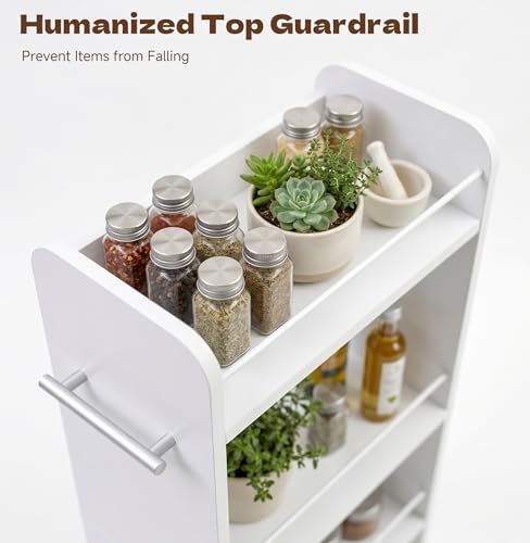 Slim Rolling Storage Cart,4 Tier White Rolling Utility Cart Slide Out Rack | Narrow Spice Rack Organizer Trolley for Kitchen Bathroom Larundry Small Corner 7.7inch wide - size: 4-Tier