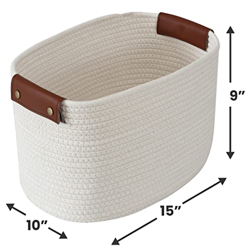 3 Pack Woven Cotton Rope Storage Basket, 15x10x9, Cream | Faux Leather Handles; Decorative Closet Shelf Organizer; Ideal for Storage & Organization - color: Cream