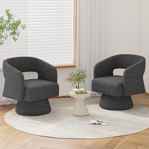 Luxanimarion Swivel Barrel Accent Chair,Oversized Teddy Upholstered Round Swivel Chair,Modern Luxury 360 Degree Living Room Vanity Chair for Bedroom Office,Black Chenille,2PCS - color: Black-chenille, size: Set of 2