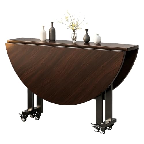Folding Dining Table, Round Drop Leaf Kitchen Table with Wheels, Space Saving Extendable Table for Dining Room, Living Room, Small Space, Entryway Table and Storage Rack Walnut 120cm/47.2in - color: Walnut, size: 120cm/47.2in