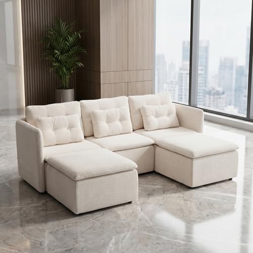 HNY 82.5" Modern U-Shaped Sectional Sofa, Beige | 3-Seat Button Tufted Modular Couch, Chenille Fabric With Pillow & Ottoman, Comfortable Deep Seat for Living Room, Apartment - color: Beige, size: 3 Seater-U Shape