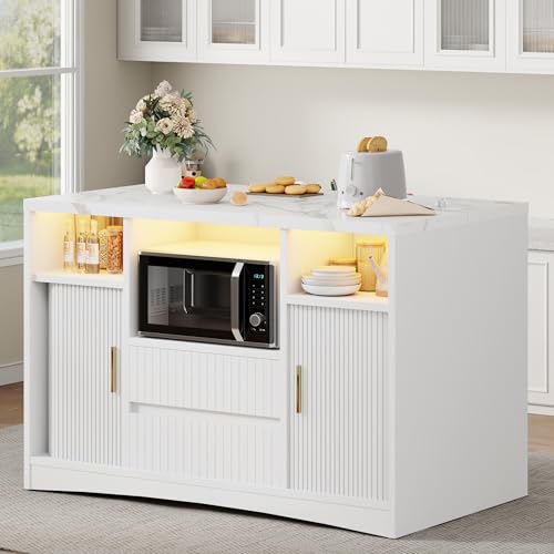 Kitchen Island with Storage, Island Table for Kitchen with Power | Outlet & LED Light, Rolling Buffet Cabinet with Sliding Door, 2 Drawers, Microwave Cart, Large Faux Marble Countertop, White - color: White