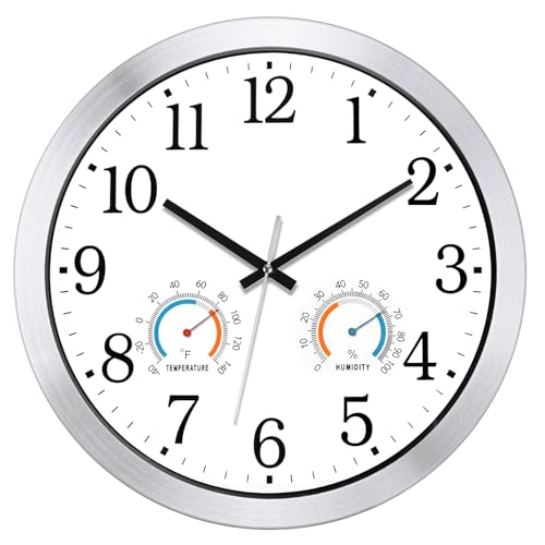 Caysie 16 Inch Indoor Outdoor Clocks Waterproof with Thermometer and Hygrometer Combo, Silent Battery Operated Quartz Metal Wall Clock for Patio Pool Bathroom Home (White) - color: White, size: 16 Inch
