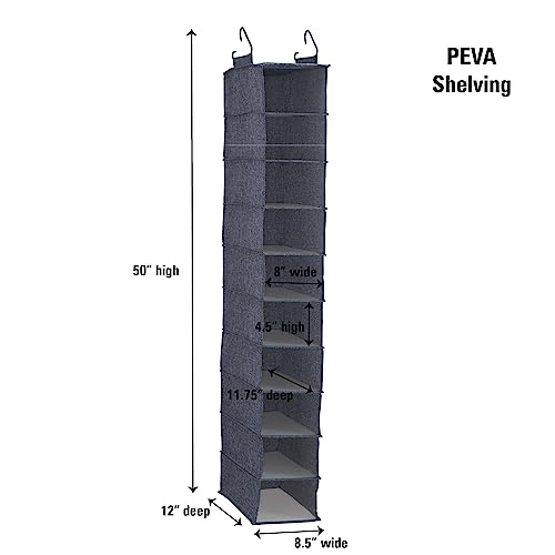 Household Essentials Hanging Narrow Cotton Blend and Plastic Closet Organizer with 10 Storage Shelves, Denim - color: Denim