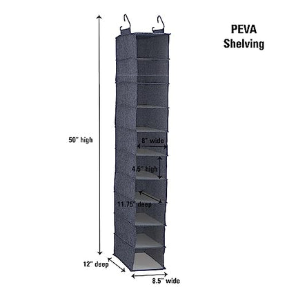 Household Essentials Hanging Narrow Cotton Blend and Plastic Closet Organizer with 10 Storage Shelves, Denim - color: Denim