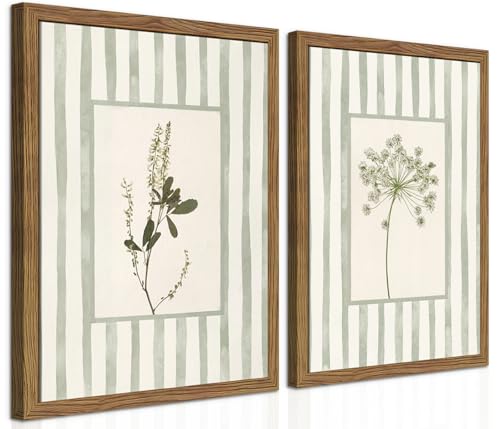 Sage Green Wildflower Wall Art Set of 2, Cottagecore Floral Botanical Canvas Wall Decor, Vintage Rustic Striped Flower Posters Prints Pictures for Living Room Bedroom Bathroom 12x16 Inch Framed - color: Blue Striped Flowers, size: 16"L x 12"W