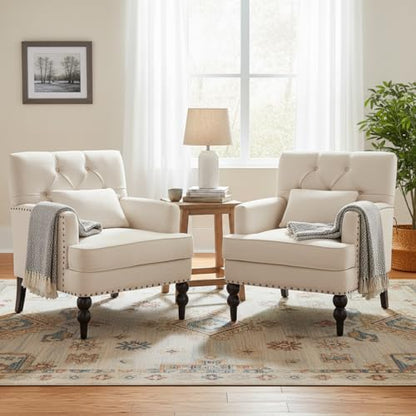 HUIMO Accent Chair, Tufted Upholstered Club Chair, Beige | Upholstered Fabric Armchairs, Button Tufted Reading Chairs for Living Room, Bedroom - color: Beige