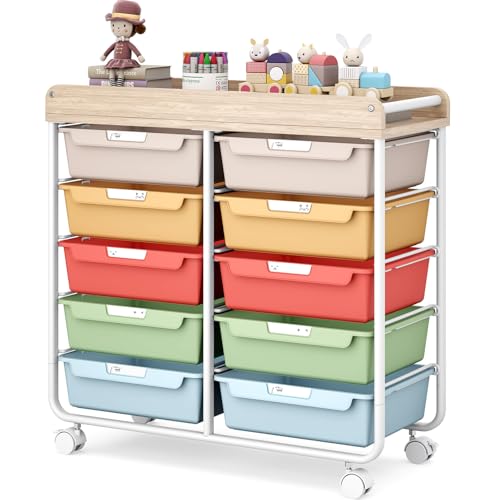 10 Drawer Rolling Storage Cart with Wood Top for Classroom Crafts Colorful | Easy Setup, Large Capacity, Sturdy Build, Lockable Mobility, For office, classroom and home supplies - color: Colorful