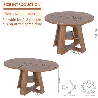 43.3"-59" Extendable Round Oval Dining Table for 4-8 with Storage Shelf | Modern Kitchen Oval Dining Table with Removable Leaves,Space Saving Extendable Table Wood Base for Kitchen Living Room Walnut - color: Walnut